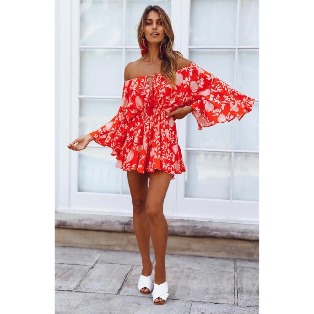 Red & White, Floral, Flowy Tie Romper